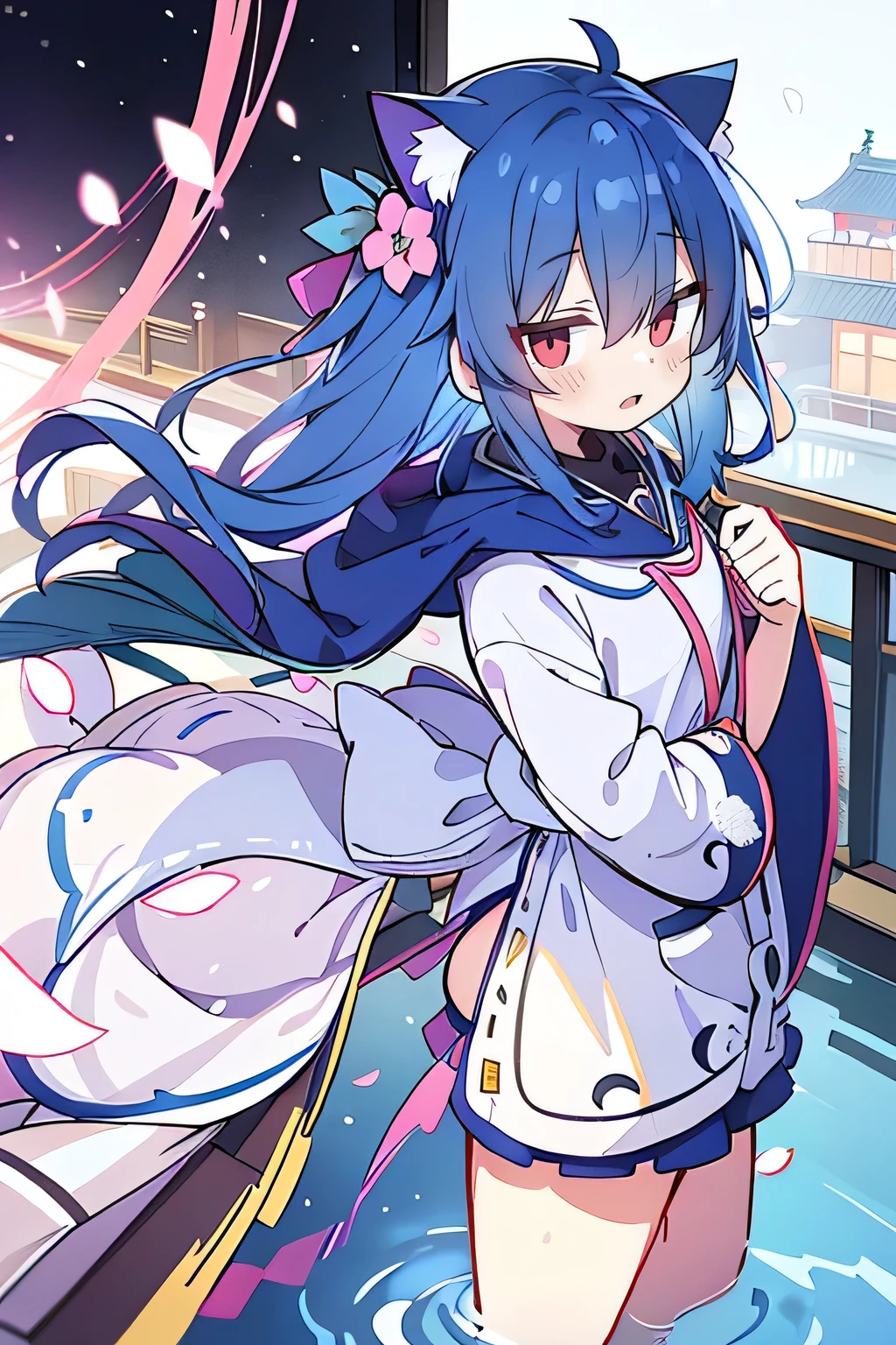 (masterpiece:1.2),Super detailed,lifelike,Expressive eyes,fair skin,perfect face shape,1 girl,
Japanese comics,Gorgeous blue hair,flowing blue hair,flowing clothes,Cat ears,Petals fall,beautiful lola,Baby Angel,
Shaking head with one hand,Cross your legs,Gentle and peaceful background,The pavilion is cool and comfortable,smile, wearing hoodie, background of tokyo,back views,snowing, winter,lie on the water,.