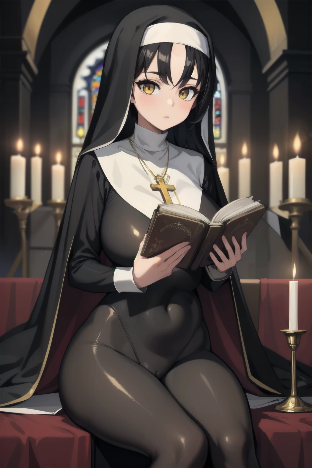 masterpiece, best quality,1girl, (large breasts:1.1)sagging breasts, black hair, gold eyes ,nun, church ,cross necklace ,bodysuit ,shiny cloth ,holding book. night,Candle,sitting