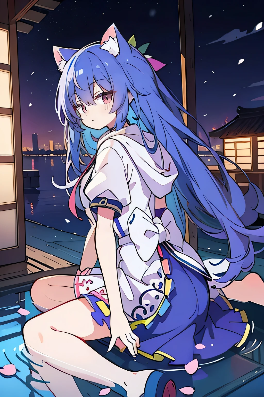 (masterpiece:1.2),Super detailed,lifelike,Expressive eyes,fair skin,perfect face shape,1 girl,
Japanese comics,Gorgeous blue hair,flowing blue hair,flowing clothes,Cat ears,Petals fall,beautiful lola,Baby Angel,
Shaking head with one hand,Cross your legs,Gentle and peaceful background,The pavilion is cool and comfortable,smile, wearing hoodie, background of tokyo,back views,snowing, winter,lie on the water,.