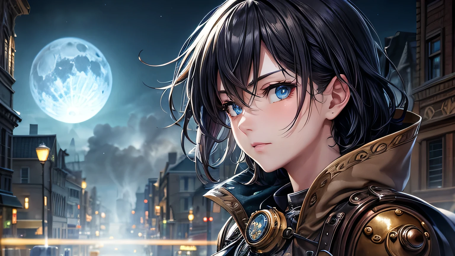 steampunk,Steampunk costume,steampunk gadgets,Horror elements,Blue glowing moon,City of Steam,Medieval streetscape,fog,gear,Steam Clock,Ultra-high resolution, Accurate, Super detailed, Textured skin, High detail, highest quality, 8k,Thin bangs, Detailed Hair,Detailed eyes,Focus on the face,Steam balloon,