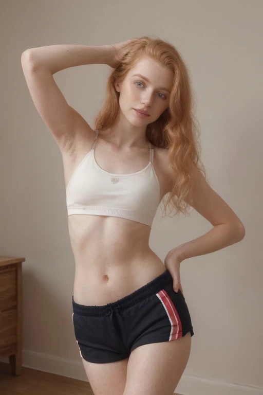 Irish), (swiss) and (Czech), 19 year old pale skin, voluminous strawberry blonde hair ,beauty, beautiful girl, thin, skinny, beauty, beautiful girl, hard contrast, hard shadows, hard light, smirk, beautiful ,makeup, apartment, arm raised, floor, wearing sports bra and shorts