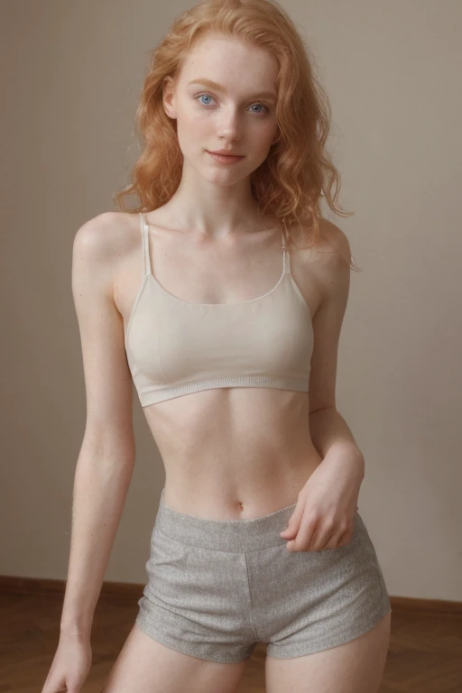 Irish), (swiss) and (Czech), 19 year old pale skin, voluminous strawberry blonde hair ,beauty, beautiful girl, thin, skinny, beauty, beautiful girl, hard contrast, hard shadows, hard light, smirk, beautiful ,makeup, apartment, arm raised, floor, wearing sports bra and shorts 