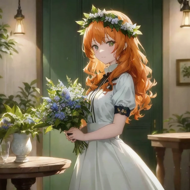 Anime girl with long red hair holding bouquet of flowers, marin kitagawa fanart, cushart krenz key art feminine, Rin, painted in anime painter studio, Copper-haired maiden, Fine details. girls' frontline, Anime visuals of cute girls, Cute anime waifu in a nice dress, made with anime painter studio, Violet Evergarden