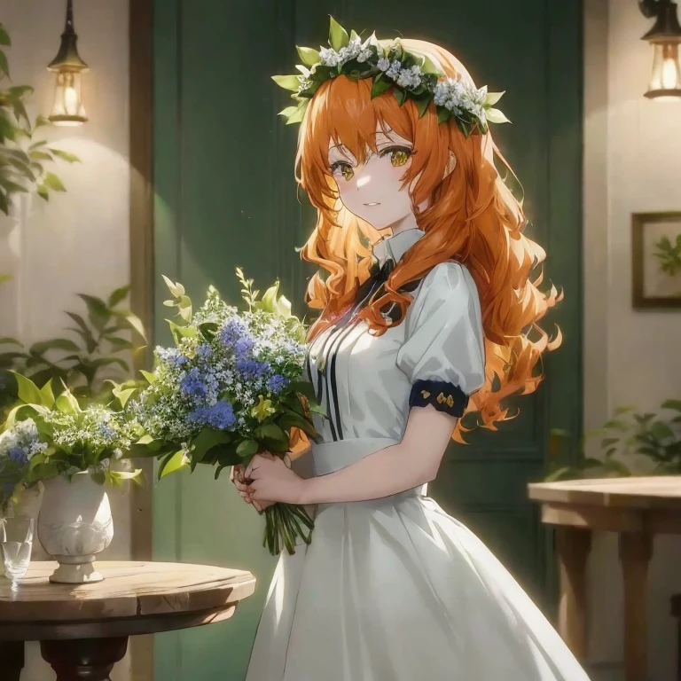 Anime girl with long red hair holding bouquet of flowers, marin kitagawa fanart, cushart krenz key art feminine, Rin, painted in anime painter studio, Copper-haired maiden, Fine details. girls' frontline, Anime visuals of cute girls, Cute anime waifu in a nice dress, made with anime painter studio, Violet Evergarden