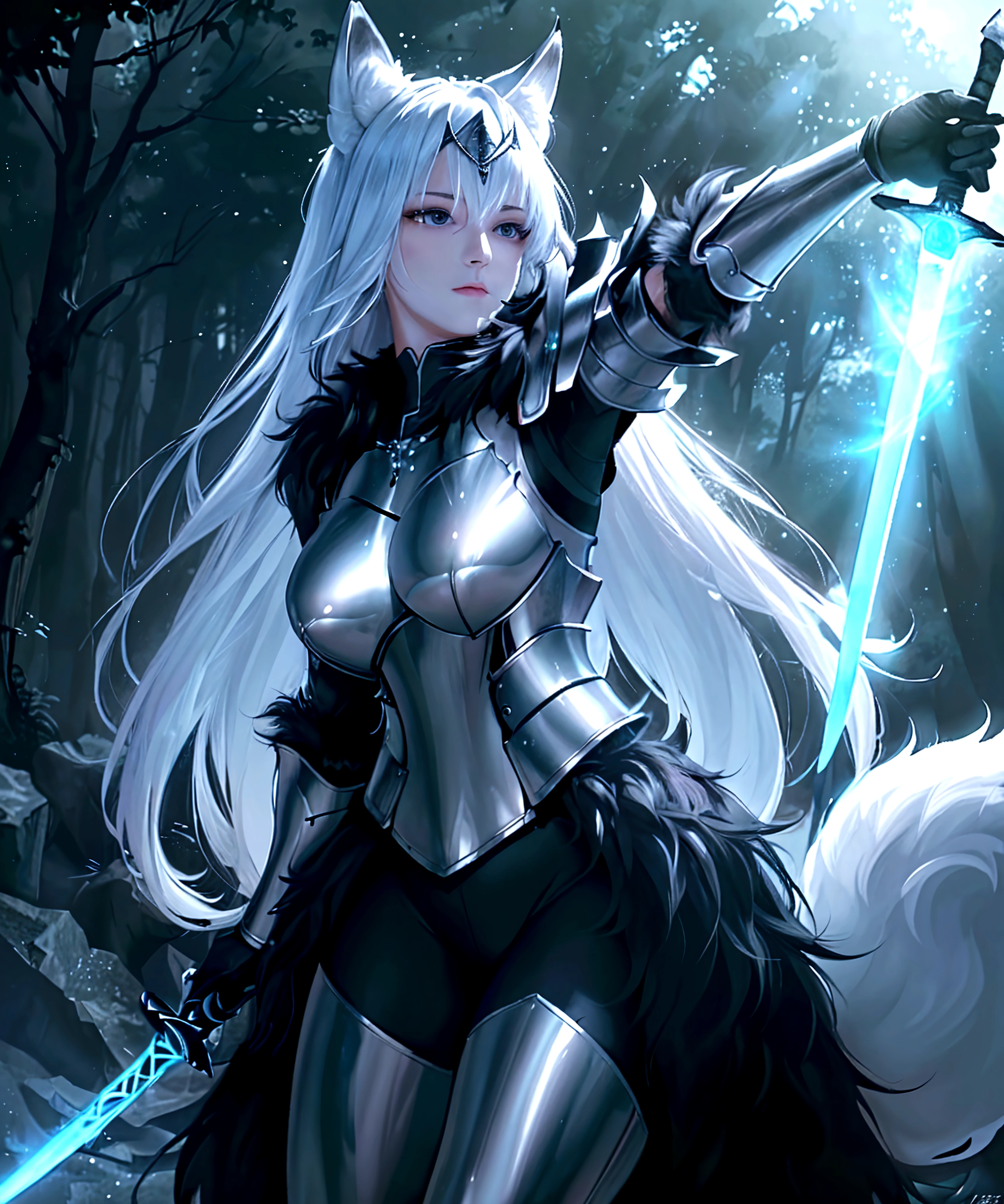 Life like sexy anime cyborg cat girl with long white hair and blue eyes, full body portrait, white and black battle dress, battle armor, life like characteristics,ultra realism, Soft smile, riding a mystical black dragon,apocalyptic background, naughty pose, hyper realistic, 3 d anime realistic, advanced digital anime art,extremely detailed art germ, 8k high quality detailed art, solo,full body portrait, amazing beauty,, dynamic pose, delicate face, vibrant eyes, (from the front), silver hair, streaked hair, very long hair, expressive hair, multicolored eyes, aqua eyes, purple eyes, fox ears,heart earrings, earrings, light smile, shy, blush, parted lips, licking lips, heavy breathing, naughty face, naughty, sparkle, god rays, super detail, high quality, anatomically correct, textured skin, best quality,full body portrait,silver wolf,seen from below,guweiz on artstation pixiv, forest back ground, resolution 4098x2160, 8k --auto --s2