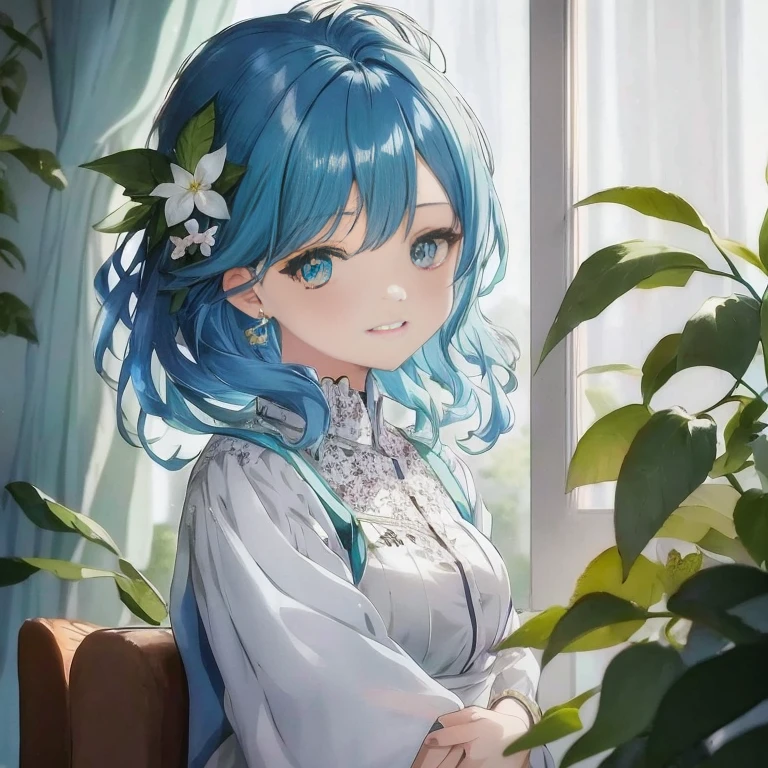 Blue haired anime girl sitting on a chair near the window, Beautiful Anime Portrait, Anime girl with teal hair, Beautiful anime girl, anime style 4 k, Portrait of an anime girl, beautiful blue haired girl, Mikudayo, anime style portrait, anime moe art style, painted in anime painter studio, High quality anime art style, Anime art wallpaper 8k