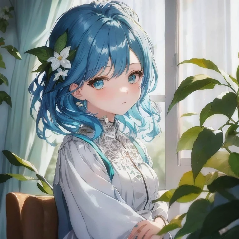 Blue haired anime girl sitting on a chair near the window, Beautiful Anime Portrait, Anime girl with teal hair, Beautiful anime girl, anime style 4 k, Portrait of an anime girl, beautiful blue haired girl, Mikudayo, anime style portrait, anime moe art style, painted in anime painter studio, High quality anime art style, Anime art wallpaper 8k