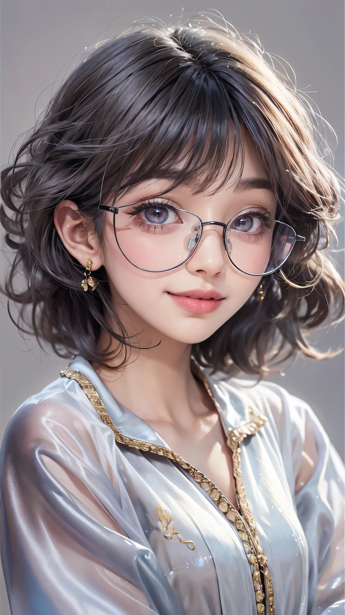 1 Girl,(improve quality:1.4),(Top quality real texture skin), Delicate face,Black Hair, Gradient hair, Body,(Perfect body:1.1), A jewel on the forehead, Frameless glasses, Shining pupils,Long eyelashes,Grin, Hyperrealism, movie lighting, expected insert, Surrealism, Ultra HD, masterpiece, 16K,lie,dream,Wearing sheer silk pajamas,cametto,Open your legs slightly,Tattoo,Fantasy Space,Luxurious space