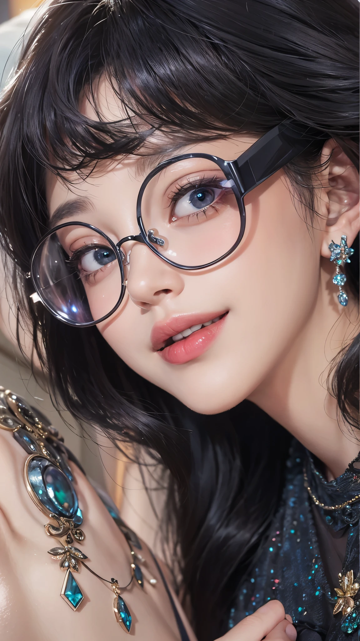 1 Girl,（improve quality：1.4），（Top quality real texture skin), Delicate face,Black Hair, Gradient hair,  Body,（Perfect body：1.1）, A jewel on the forehead, Frameless glasses, Shining pupils，Long eyelashes,Grin, Hyperrealism, movie lighting, expected insert, Surrealism, Ultra HD, masterpiece, 16K，lie，dream，Wearing sheer silk pajamas,cametto,Open your legs slightly，Tattoo，Fantasy Space，Luxurious space