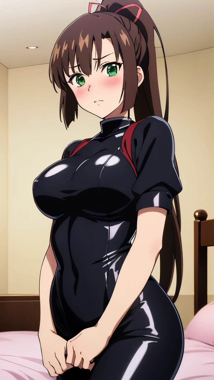 masterpiece, best quality, 8k, anime art style, Kirasaka Sayaka, Dark brown hair, ponytail, hair ribbon, (latex,blush,room), dynamic angle, looking at the viewer, green eyes, light in the eyes, (big breasts: 0.7), cowboy shot