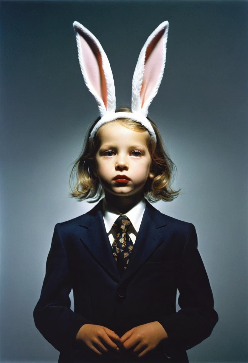 rabbit girl by gottfried helnwein and dali, We snuff out beauty with our thoughts, a basic movement captured a moment of release, minimalist, then it got sealed and forgotten, it screamed unto nature, expressionist photograph, surreal and weird take, unknowable as ever, the childhood's halo stretches like an horizon then comes around like a necktie, the filter chokes