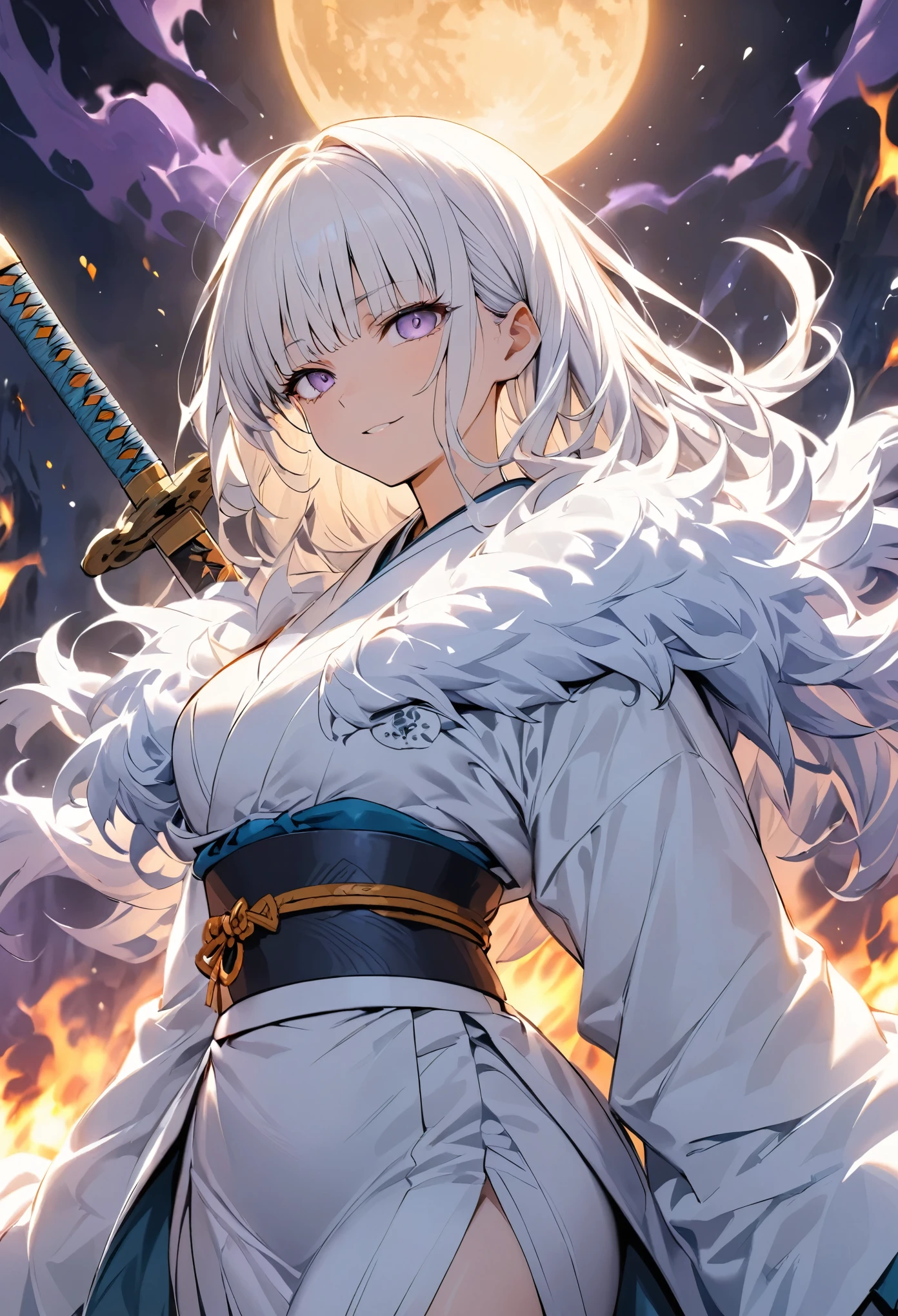 One white-haired woman,kimono, Feather coat, Fantastic night moon, The strongest swordsman, Strong feeling, aura, Old-fashioned, There is only one character