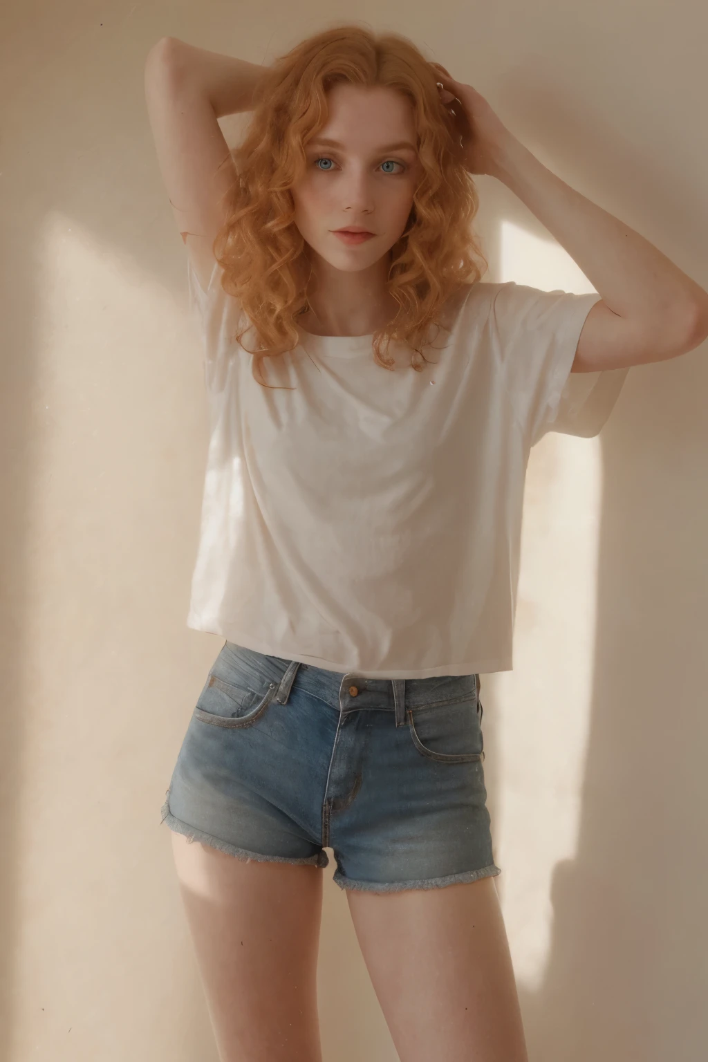 Irish), (swiss) and (Czech), 19 year old pale skin, voluminous strawberry blonde hair ,beauty, beautiful girl, thin, skinny, beauty, beautiful girl, hard contrast, hard shadows, hard light, smirk, beautiful ,makeup, apartment, arm raised, floor, wearing oversized tshirt,shorts,