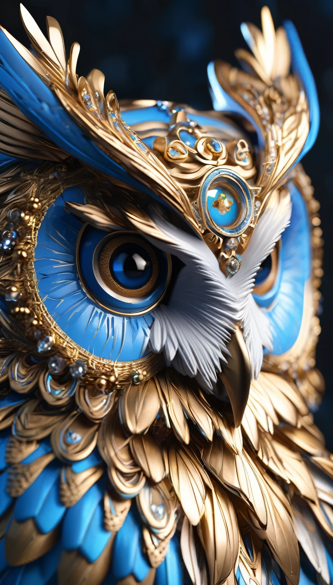 Figure of an owl with blue eyes, Unreal Engine rendering + goddess, Very detailed , Bee Global Illumination, Exquisite and gorgeous jewelry, Top trends on cgisociety, Motion Graphics, rossdraws Global Illumination, CG Society