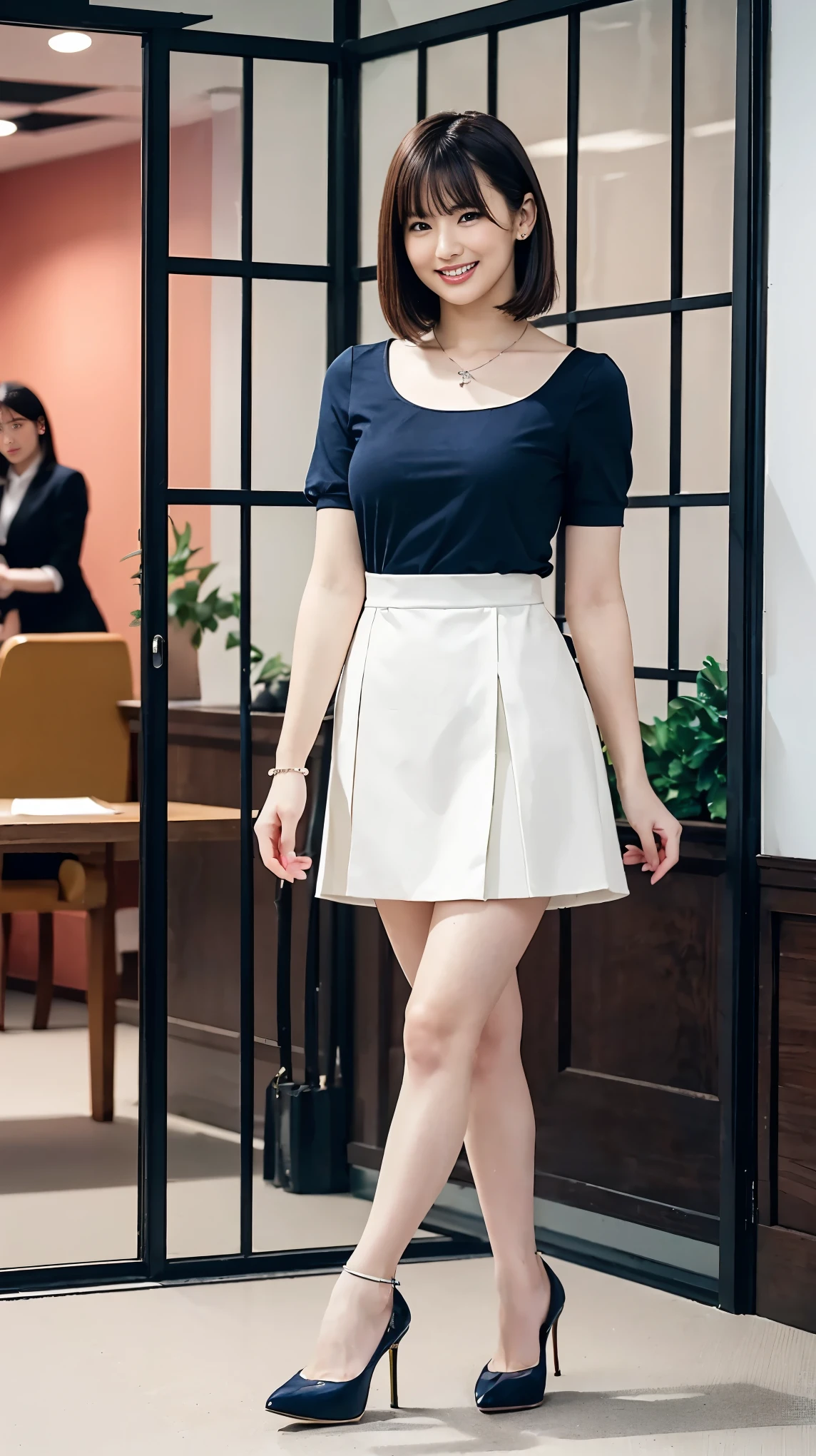 (highest quality, masterpiece, Photorealistic, Very detailed, Ultra-high resolution, to be born:1.3), (Three Girls:1.3), beautiful, Japanese, mature, 28yo, office workers, (Close Relationship, Short skirt), ({money| Silver| wine-red| navy| pink| Yellow green| violet| Sky blue} Clothes), (smile), (bangs), high waist, necklace, (office, indoor, Glass Room), (Long legs, High heels, whole body:1.2), (Big Breasts:1.3), (crowd)