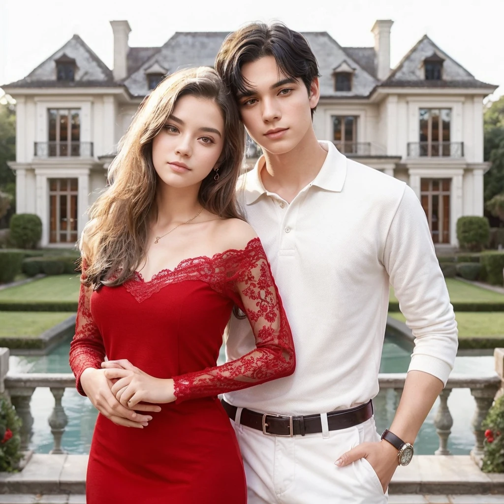 A girl with a black hair wearing a red dress and a boy with black hair wearing while long sleeve polo, have nice house on the background