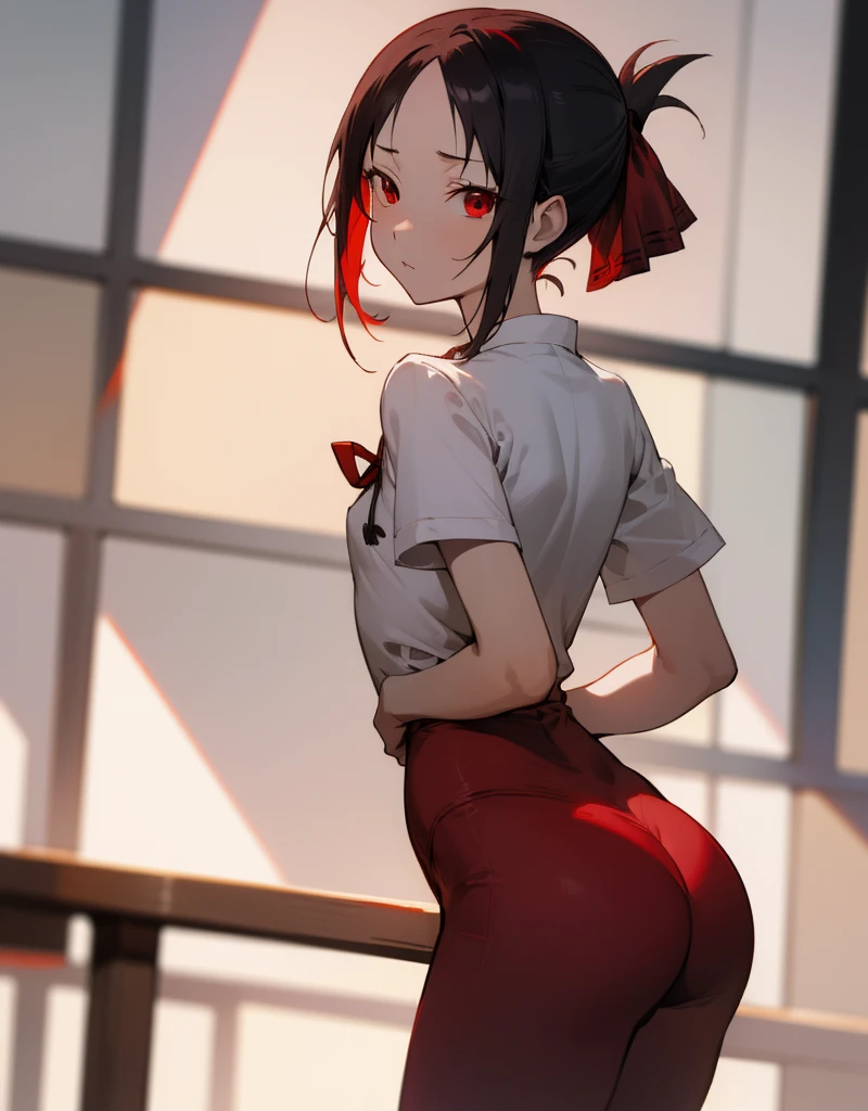 Kaguyasinomiya, Kaguya Shinomiya, folded ponytail, forehead, hair ribbon, (red eyes:1.5), red ribbon, band, Short hair, side locks, (little chest:1.2), gym uniform, Short top, legging, BREAK looks at the viewer, stands with your back to the viewer, seen from behind, ass, shows the, BREAKTHROUGH in the room, Classroom, BREAK (Masterpiece:1.2), Best Quality, High Resolution, Unity 8k Wallpaper, (illustartion:0.8), (beautiful detail eyes:1.6), extremely detailed face, perfect lighting, extremely detailed CGI, (perfect arms, perfect anatomy),