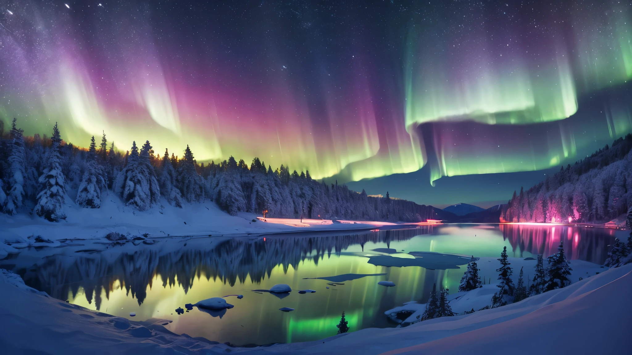 On a beautiful winter night, the aurora is like the wings of an angel, a rainbow, and a streamlined pink bullet train drives into a forest in Switzerland. Snow covers the trees. Frozen lake, ice-breaking, shining galaxy, Northern Lights, fireworks, super wide-angle lens, panorama, soft tones, HD, 8k octane, super details, HD pictures 8k