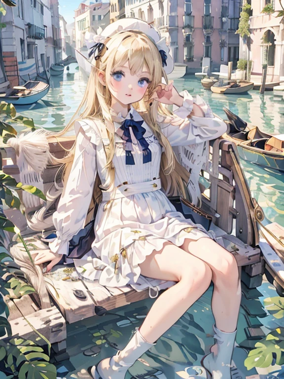 masterpiece, highest quality, Very detailed, 16k, Ultra-high resolution, -yeld gi Detailed face, Perfect Fingers, blue eyes, Blonde, Long Hair, Wide-brimmed feathered hat, Gorgeous white blouse, Luxurious brooches, Long skirt, White High Knee Socks, Enamel shoes, SZ_4po enviroment, Venice cityscape, Waterway, Seats in the gondola, (The girl sits in a gondola:1.3)