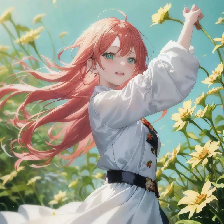 Anime girl with long red hair in white dress standing in flower field, Beautiful sunflower anime girl, Beautiful Anime Portrait, clean detailed anime art, Trending on ArtStation pixiv, detailed anime character art, made with anime painter studio, guweiz on pixiv artstation, beautiful anime artwork, Anime visuals of cute girls, Beautiful anime girl