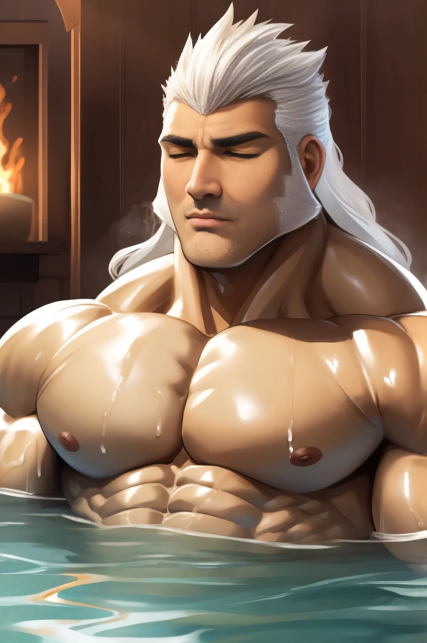 (HUMAN) a man taking a bath in a hot tub, Eyes closed, trending on bbwchan, meditating pose, up close shot shinji aramaki, inspired by Abdullah Gërguri, perfect muscle structure, unreal rendered, made of rubber, pictured from the shoulders up, doomy, drool, very muscular with broad shoulders, prominent pectorals and very marked abs, bodybuilder body, huge chest, huge pecs.  Mexican ethnicity. muscular gigachad benediction, the ultimate gigachad.