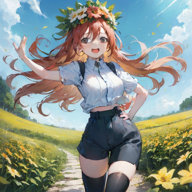 Woman with long hair and corolla on head, Beautiful sunflower anime girl, stands in a flowering field, Anime Girl with Long Hair, Beautiful anime girl, Anime visuals of cute girls, marin kitagawa fanart, in a sunny day, (Anime Girl), stands in a flowering field, Trending on ArtStation pixiv, in a sunny day