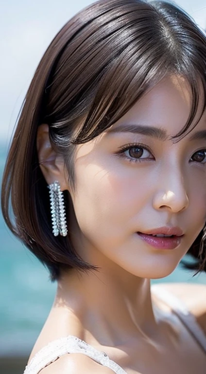 Best image quality、highest quality、8k、White tube top、Denim hot pants、G-Cup、I can see her cleavage、35-year-old Japanese middle-aged woman、Fine wrinkles on the face、Black stiletto heel、walk、Resort Beach、Big earrings、Dark brown short bob、Realistic Hair、Realistic skin texture、Detailed face、Looking into the camera、Trance、I opened my mouth