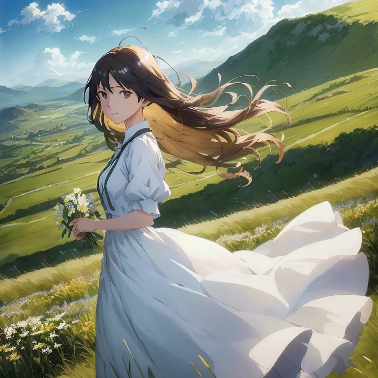 Anime girl in white dress walking in field with flowers, ( ( By Shinkai Makoto ) ), makoto shinkai art style, By Shinkai Makoto!, By Shinkai Makoto!!, By Shinkai Makoto. a digital rendering, Beautiful anime, Official art, studio glibly makoto shinkai, guweiz and makoto shinkai