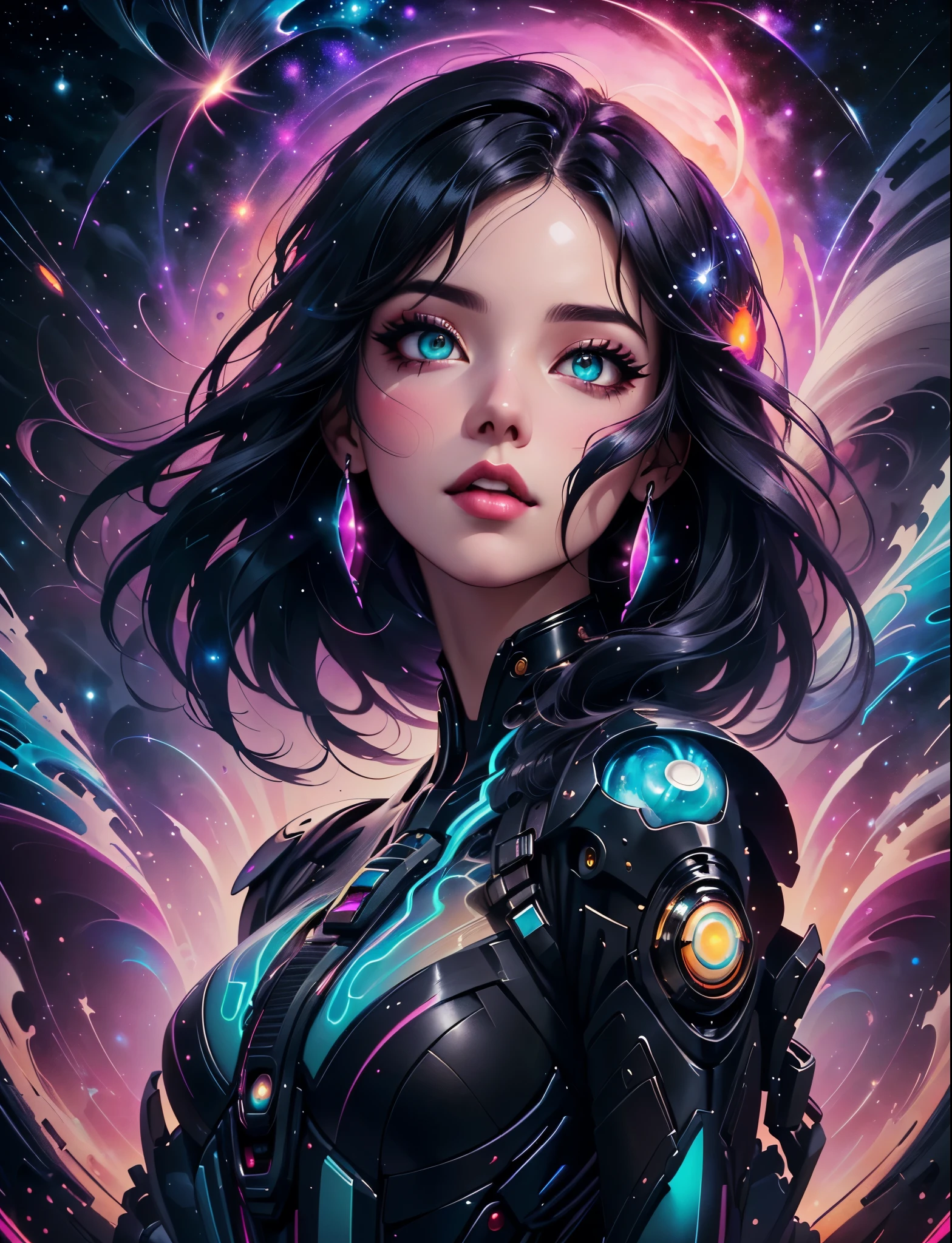 a woman with a black hair and a black top is standing in front of a galaxy, beeple and jeremiah ketner, artgerm julie bell beeple, neoartcore and charlie bowater, jen bartel, greg beeple, stunning digital illustration, alice x. zhang, artgerm jsc, rossdraws cartoon vibrant