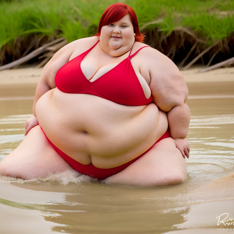 red haired beautiful woman, lying in shallow water at beach, fat, large belly, fat thighs, fat belly stuffed with lard, red bikini with a knot, flat shallow water, hair fanning out in the water, belly fat spreading to her sides, fat arms, big belly is so fat that it sticks up into the air, fat calves, round belly, (tall), fed, kneeling,