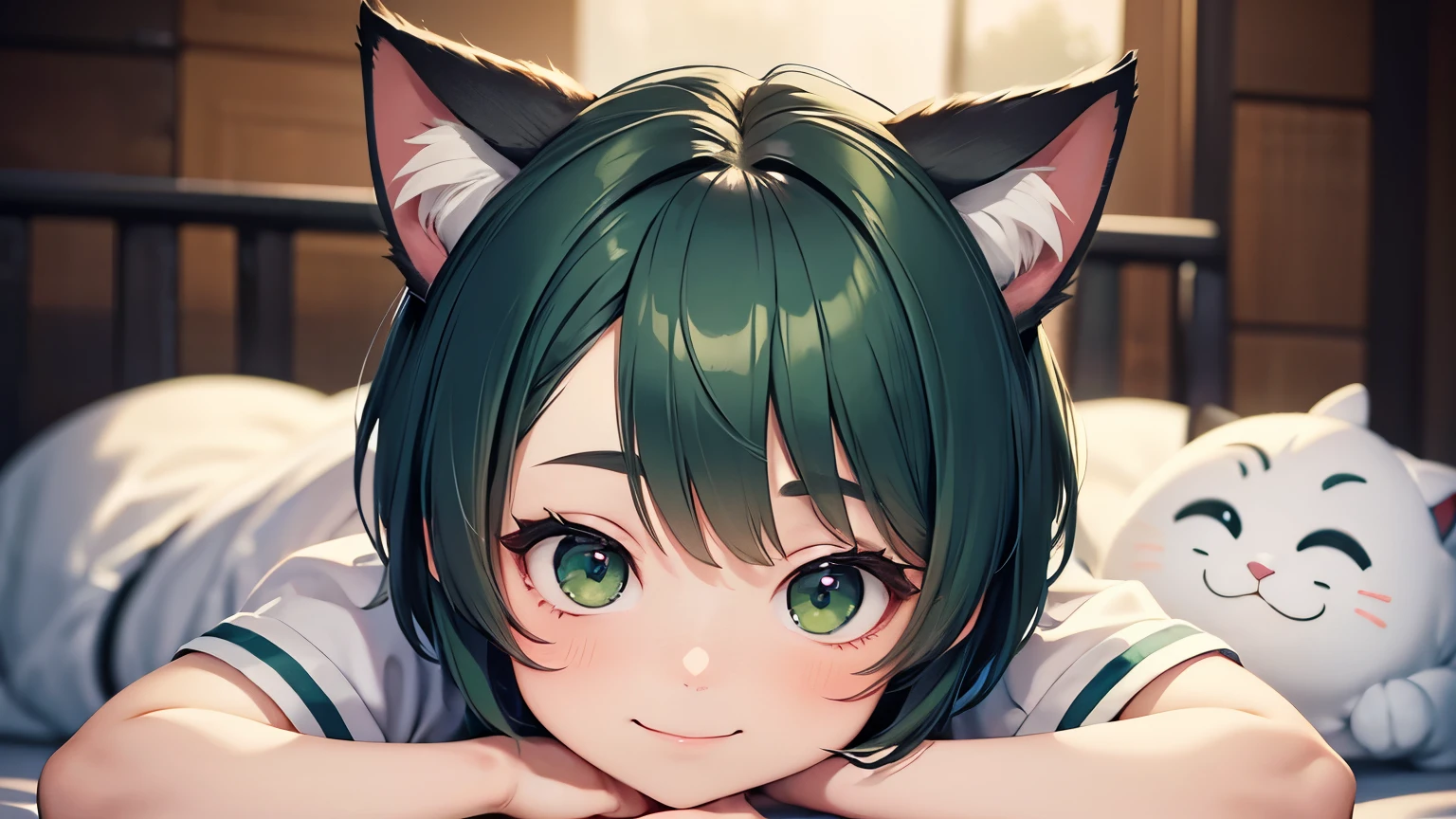 A cute and playful girl with boyish short hair, Green Hair, A big smile,, (highest quality, masterpiece, Ultra-realistic) ,Playing with cats,whole body,Cat ear,Big, round eyes,Droopy eyes