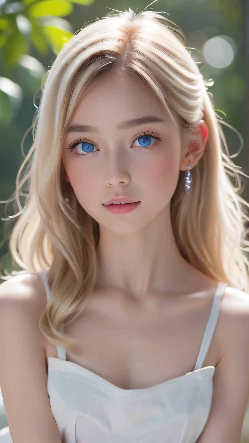 masterpiece、highest quality、High resolution、Highly detailed photos、Professional Lighting、(((Upper body naked)))、Strike a Pose、Sexy maid in the magical forest、The frilly apron must be worn on the lower body only、Portrait、Bright expression、Young shiny glossy white glossy skin、Great looks、Blonde reflection、Platinum blonde hair with dazzling highlights、bangs over eyes、Shiny bright hair,、Smooth, super long, straight hair、Shiny beautiful bangs、Sparkling, crystal clear, attractive big blue eyes、Very beautiful lovely cute 22 year old girl、Ample Bust、ponytail、Cowboy Shot、Photorealistic