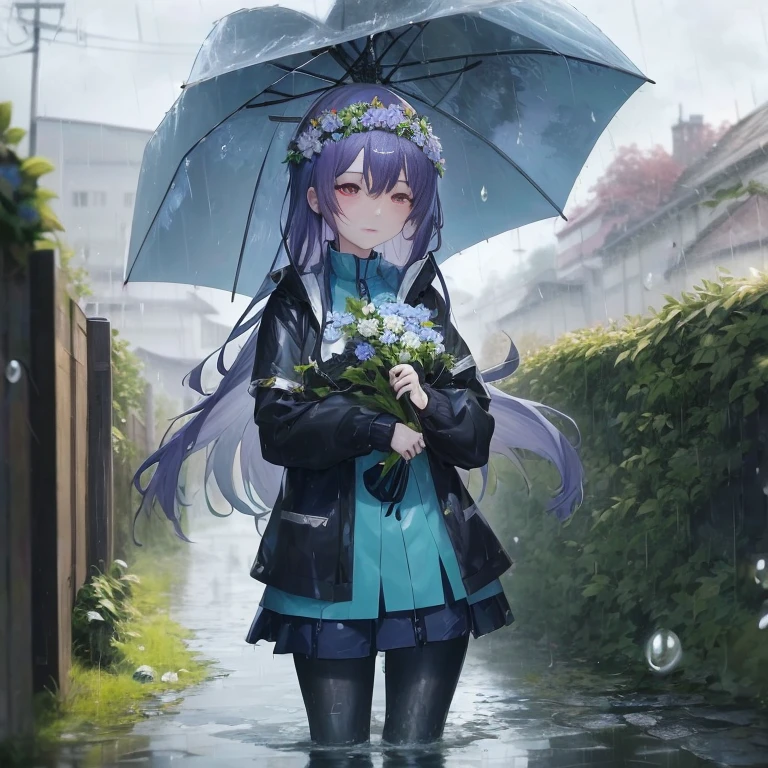 Anime girl holding umbrella in rain with flowers in hand, guweiz, artwork in the style of guweiz, In the rain, anime moe art style, After the rain, under rain, after rain and no girl, rainy day, rainy days, hanayamata, in a rainy environment, guweiz on pixiv artstation, anime style 4 k