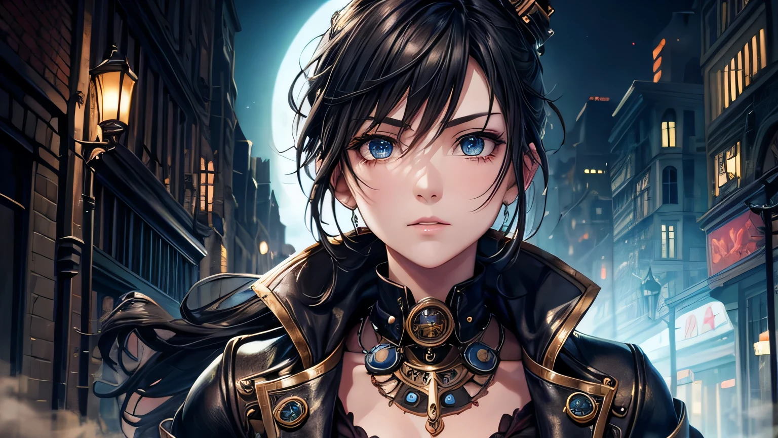 steampunk,Steampunk costume,steampunk gadgets,Horror elements,Blue glowing moon,City of Steam,Medieval streetscape,fog,gear,Steam Clock,Ultra-high resolution, Accurate, Super detailed, Textured skin, High detail, highest quality, 8k,Thin bangs, Detailed Hair,Detailed eyes,Focus on the face,magic,