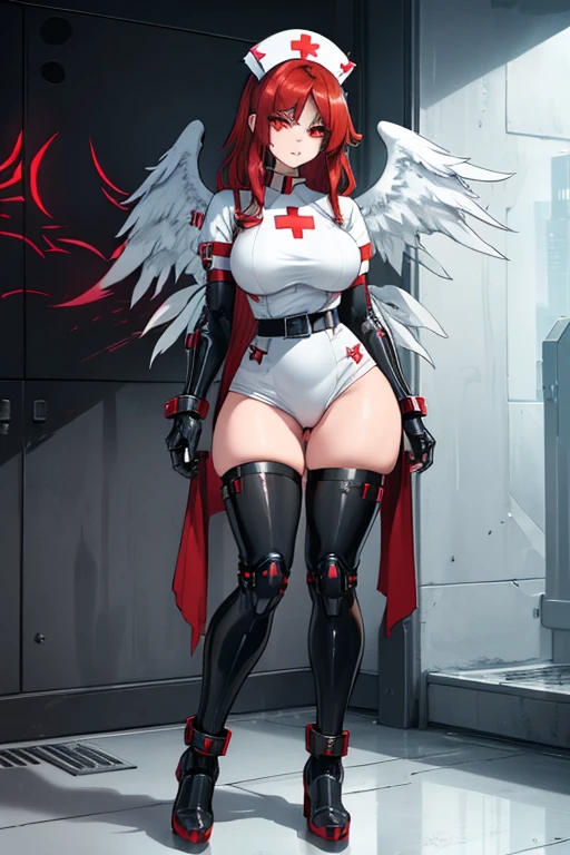 female, red eyes, robotic, (((1girl))), (((black metal nurse uniform))), (black cybernetic gauntlets), (black cybernetic boots), (black belt), (cybernetic angel wings), cute and sexy, full body, large breasts, large butt, long legs