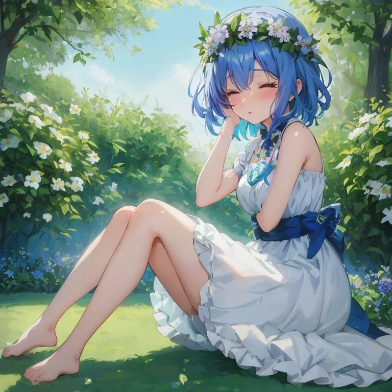 Blue hair anime girl sitting in garden with flowers,  in dress, anime moe art style, Cute anime waifu in a nice dress, beautiful blue haired girl, short blue haired woman, rem rezero, guweiz on pixiv artstation, Beautiful anime girl, anime lush john 8k woods, Anime art wallpaper 8k, anime style 4 k