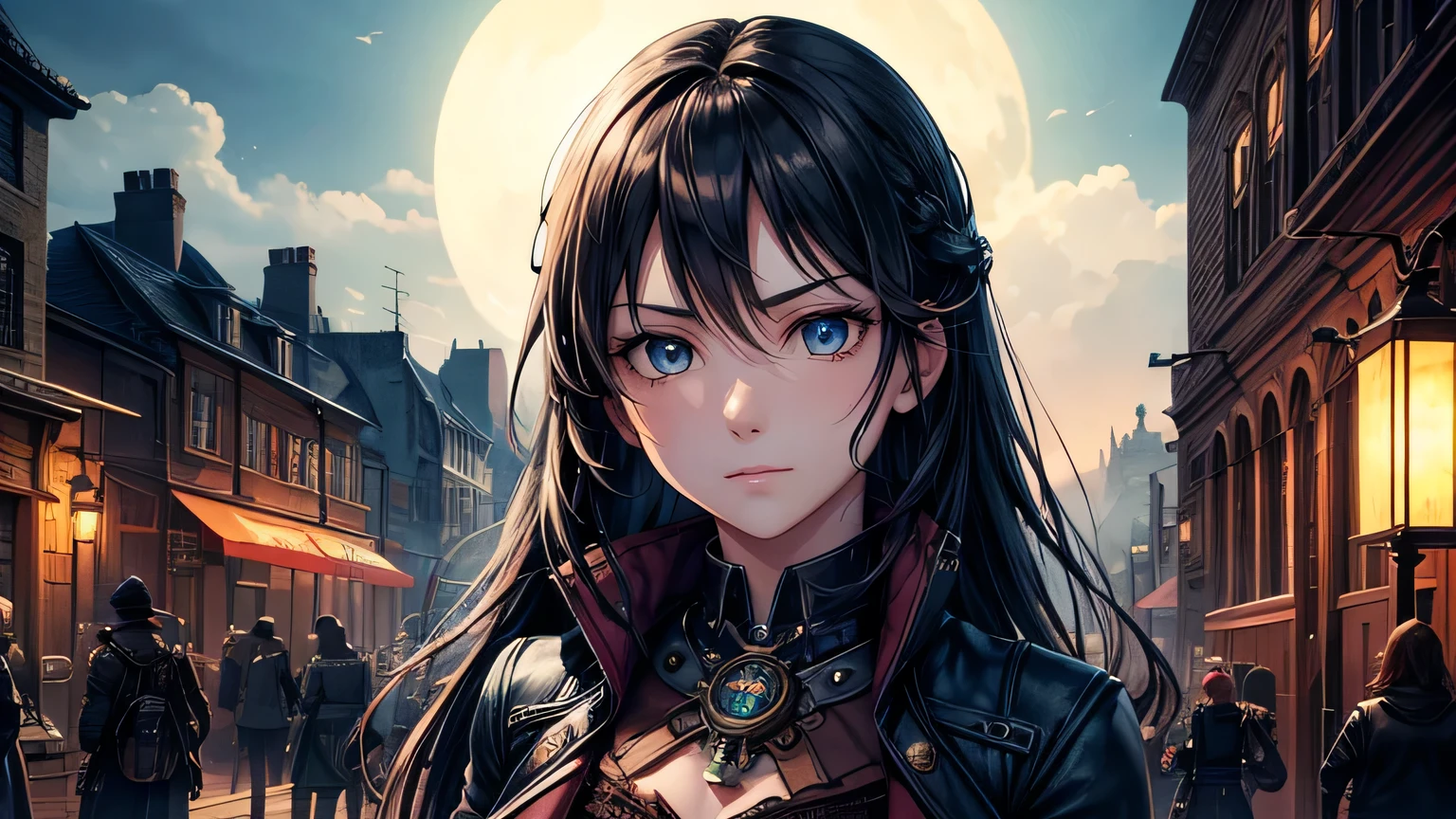 steampunk,Steampunk costume,steampunk gadgets,Horror elements,Blue glowing moon,City of Steam,Medieval streetscape,fog,gear,Steam Clock,Ultra-high resolution, Accurate, Super detailed, Textured skin, High detail, highest quality, 8k,Long black hair, Detailed Hair,Detailed eyes,Focus on the face,magic,