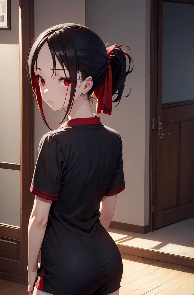 Kaguyasinomiya, Kaguya Shinomiya, folded ponytail, forehead, hair ribbon, (red eyes:1.5), red ribbon, band, Short hair, side locks, (little chest:1.2), gym uniform, Short top, legging, BREAK looks at the viewer, stands with your back to the viewer, seen from behind, ass, shows the, BREAKTHROUGH in the room, (Masterpiece:1.2), Best Quality, High Resolution, Unity 8k Wallpaper, (illustartion:0.8), (beautiful detail eyes:1.6), extremely detailed face, perfect lighting, extremely detailed CGI, (perfect arms, perfect ???????),

