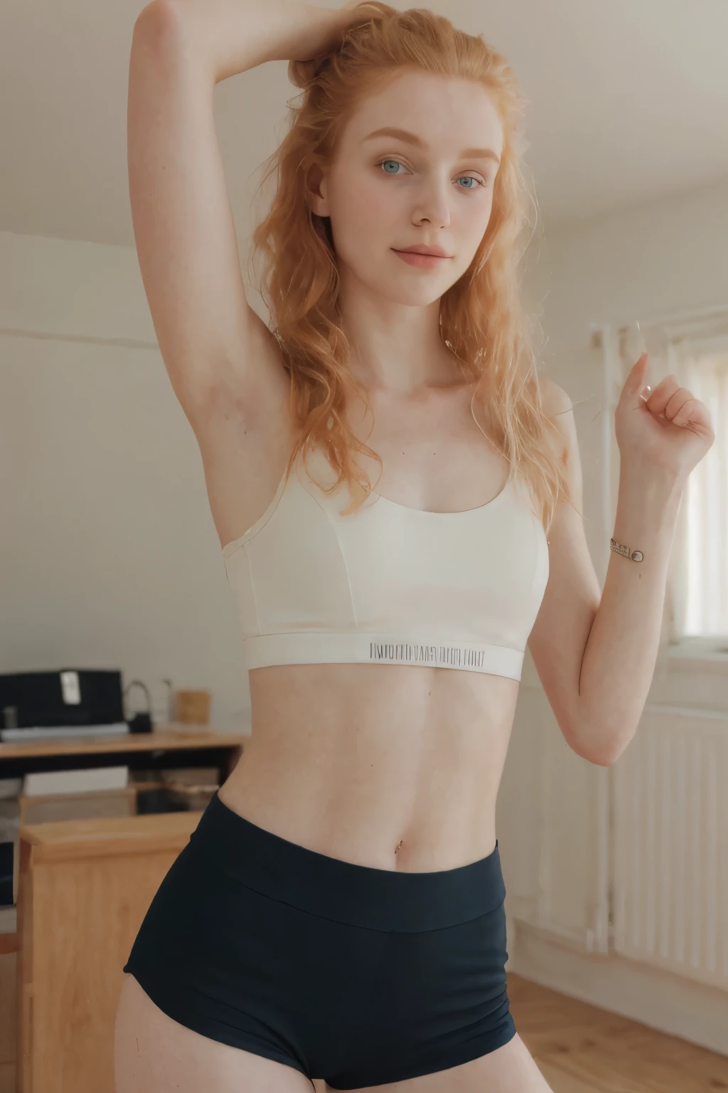 Irish), (swiss) and (Czech), 19 year old pale skin, voluminous strawberry blonde hair ,beauty, beautiful girl, thin, skinny, beauty, beautiful girl, hard contrast, hard shadows, hard light, smirk, beautiful ,makeup, apartment, arm raised, floor, wearing sports bra and shorts 