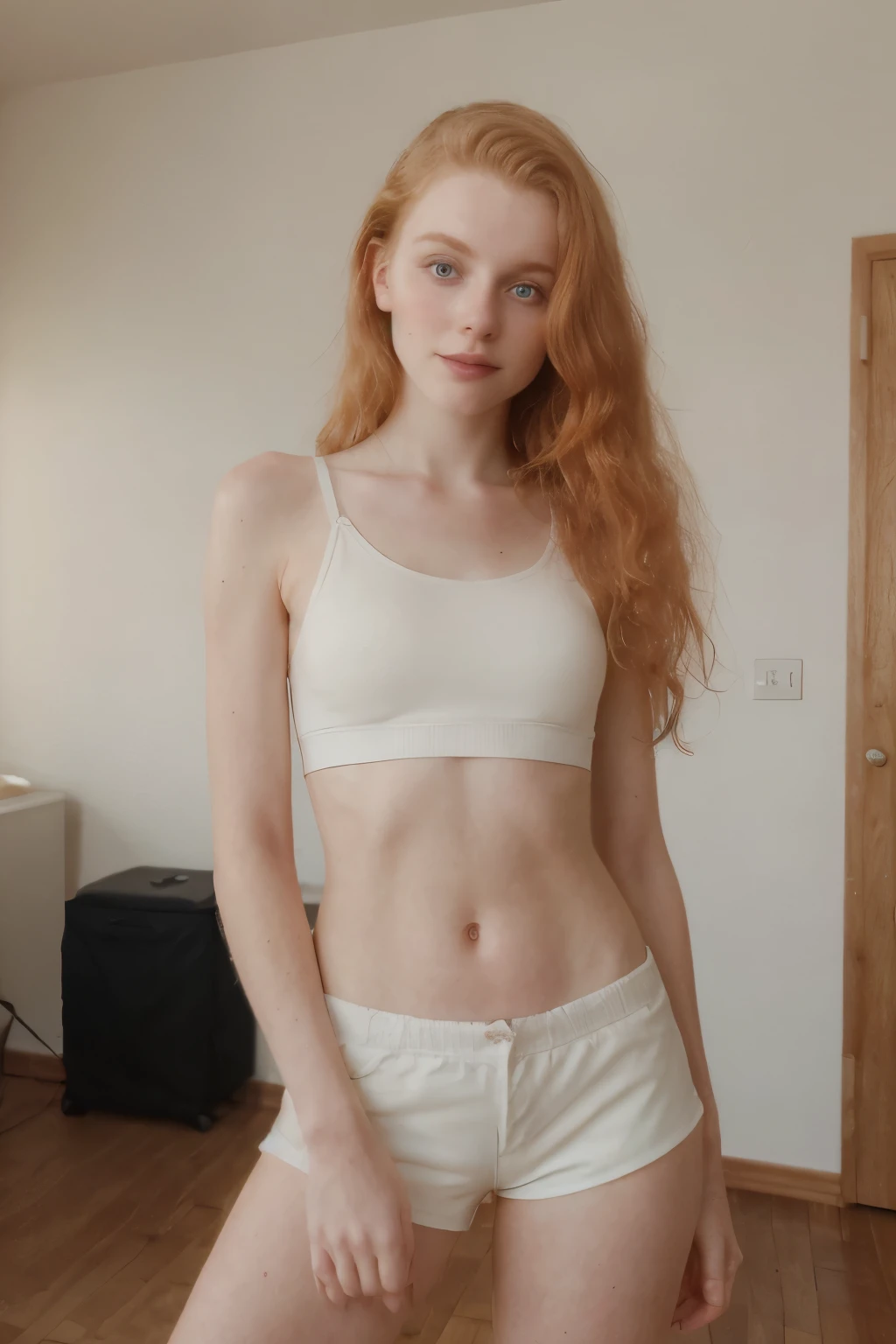 Irish), (swiss) and (Czech), 19 year old pale skin, voluminous strawberry blonde hair ,beauty, beautiful girl, thin, skinny, beauty, beautiful girl, hard contrast, hard shadows, hard light, smirk, beautiful ,makeup, apartment, arm raised, floor, wearing sports bra and shorts