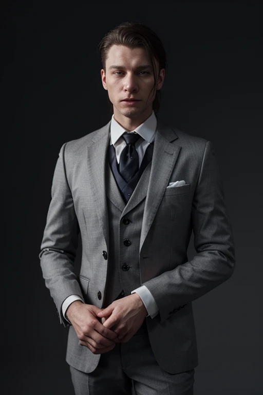 A classy English buttler dressed in a business suit.8k,3D animation style.dark gray background, upto he's chest