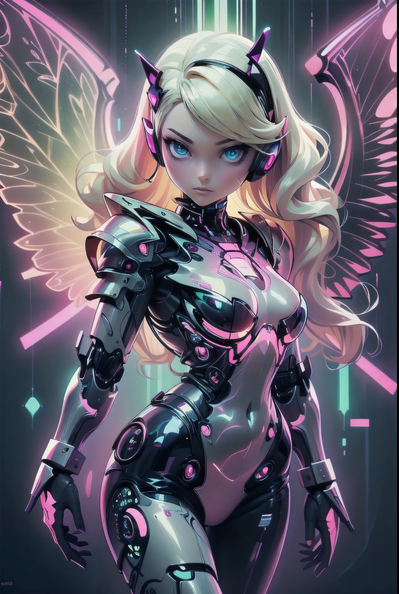 ((Highly accurate drawing in every detail)Extremely precise depiction)[High resolution],(detailed illustrations,Very fine and detailed drawing,Delicate drawn lines with tempo,Realistic texture expression),[color traced main line],[labo],[[HENTAI]] ANIME (CYBERGirl anime Beauty  Cyborg[wavy hair (platinum blonde)]),([Butterfly wings] Magenta-pink Papillon cybernean armor [Aurora Armor] Fuselage only transparent material) Cyber Headset,(cybernetic [clear lenticular iris]),(intricate and beautiful decoration [Dense detail]),(Fine and beautiful skin expression [transparency]),((Precisely drawn eyes))[Perfect eyes detailed((Beautiful eyes like jewels)Iris drawn in precise detail)[clearly drawn pupils]],[eyes light[Pinpoint lighting for the eyes]],[long and beautiful eyelashes],[precisely drawn hair [Beautiful and lustrous hair detailed]],(Perfectly hand detailed [Beautiful fingers with no damage [beautiful nails]]),(perfect anatomy(perfectly balanced proportions))[[full body portrait]],[[Design built to the highest level]][ideal color coordination(Accurate simulation of light and material interactions)],([Precision Detail](detailed,高fine)),[Visual art that tells a story],((highest quality)fine[[High density drawing]])(4K quality).