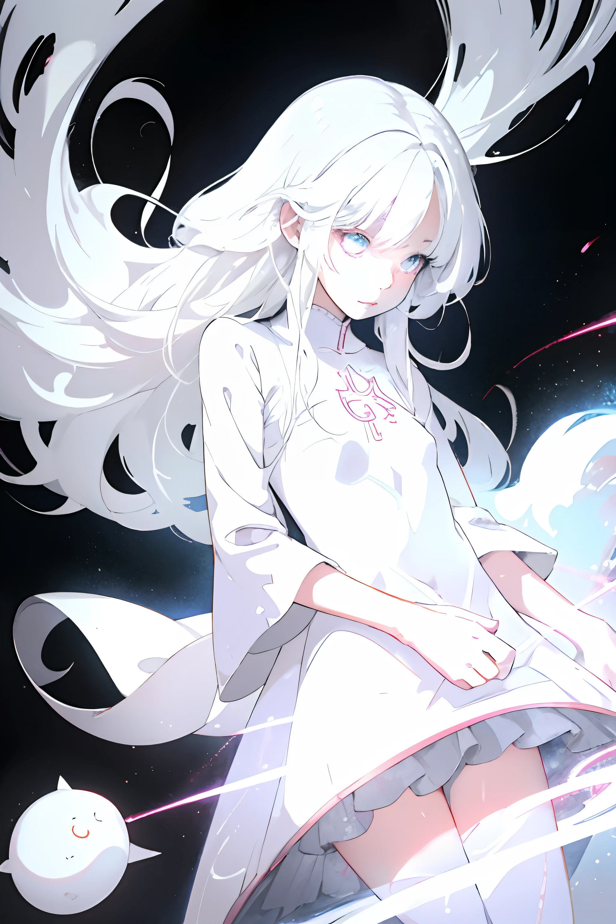 White hair,Ethereal Anime, White cat girl,Pale young ghost girl, Devil anime girl, glowing white eyes, vague ghost, Soft anime illustration, has long white hair, 2D anime style, 2D art cover, Fantasy psychedelic anime, anime abstract art,Detailed key animation art