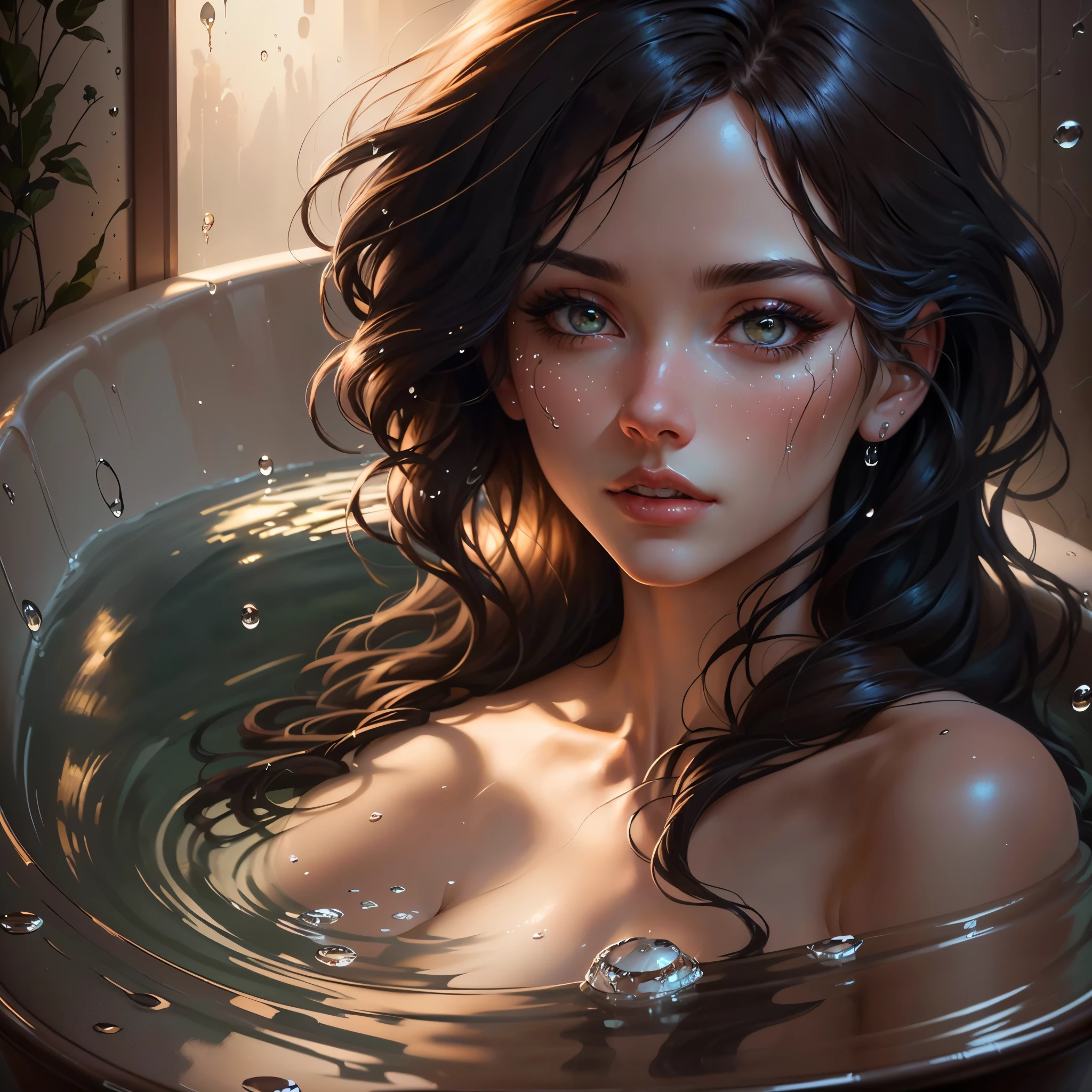 a close up of a woman in a bathtub with water droplets, realistic digital art 4k, realistic digital art 4 k, beautiful digital artwork, detailed painting 4 k, beautiful art uhd 4 k, glossy digital painting, gorgeous digital painting, 8k stunning artwork, stunning digital illustration, 8 k realistic digital art, stunning digital painting, beautiful digital painting