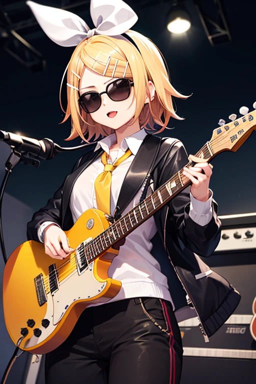 1girl, kagamine rin, jacket pink, black tie, pants black, sunglasses, holding guitar