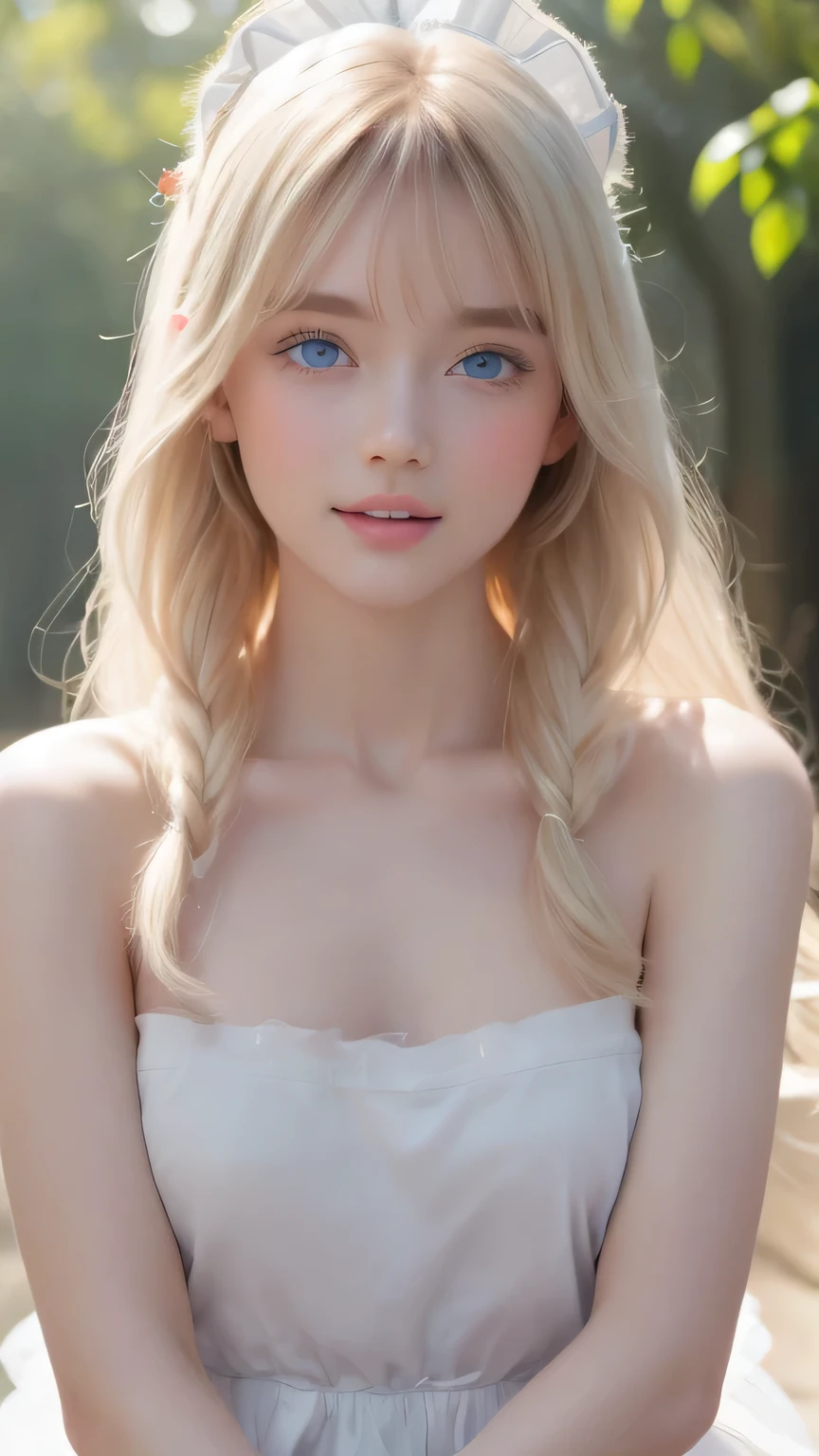 masterpiece、highest quality、High resolution、Highly detailed photos、Professional Lighting、(((Upper body naked)))、Strike a Pose、Sexy maid in the magical forest、The frilly apron must be worn on the lower body only、Portrait、Bright expression、Young shiny glossy white glossy skin、Great looks、Blonde reflection、Platinum blonde hair with dazzling highlights、bangs over eyes、Shiny bright hair,、Smooth, super long, straight hair、Shiny beautiful bangs、Sparkling, crystal clear, attractive big blue eyes、Very beautiful lovely cute 22 year old girl、Ample Bust、ponytail、Cowboy Shot、Photorealistic