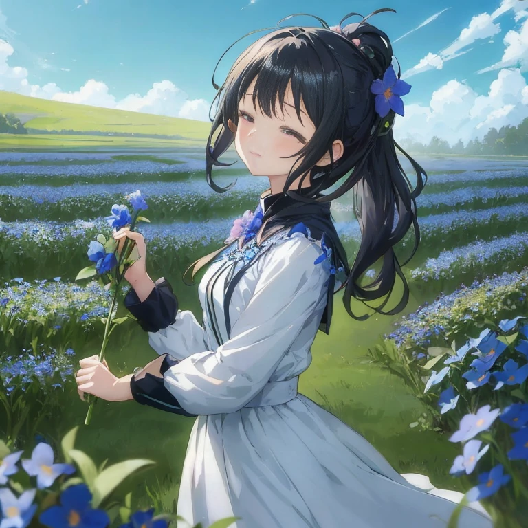 Anime girl in flower garden with flowers, in flower field, stands in a flowering field, stands in a flowering field, blue flower field, girl in flower field, in a field with flowers, Anime visuals of cute girls, girl frontal in a flower field, guweiz, anime moe art style, sitting in a field of flowers