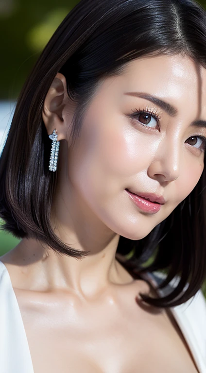 Best image quality、highest quality、8k、White tube top、Denim hot pants、G-Cup、I can see her cleavage、45-year-old Japanese middle-aged woman、Fine wrinkles on the face、Black stiletto heel、walk、Resort Beach、Big earrings、Dark brown short bob、Realistic Hair、Realistic skin texture、Detailed face、Looking into the camera、Trance、I opened my mouth、Nipples are visible、Photo from the belly button up、Slightly loose skin、Cheeks are a little red