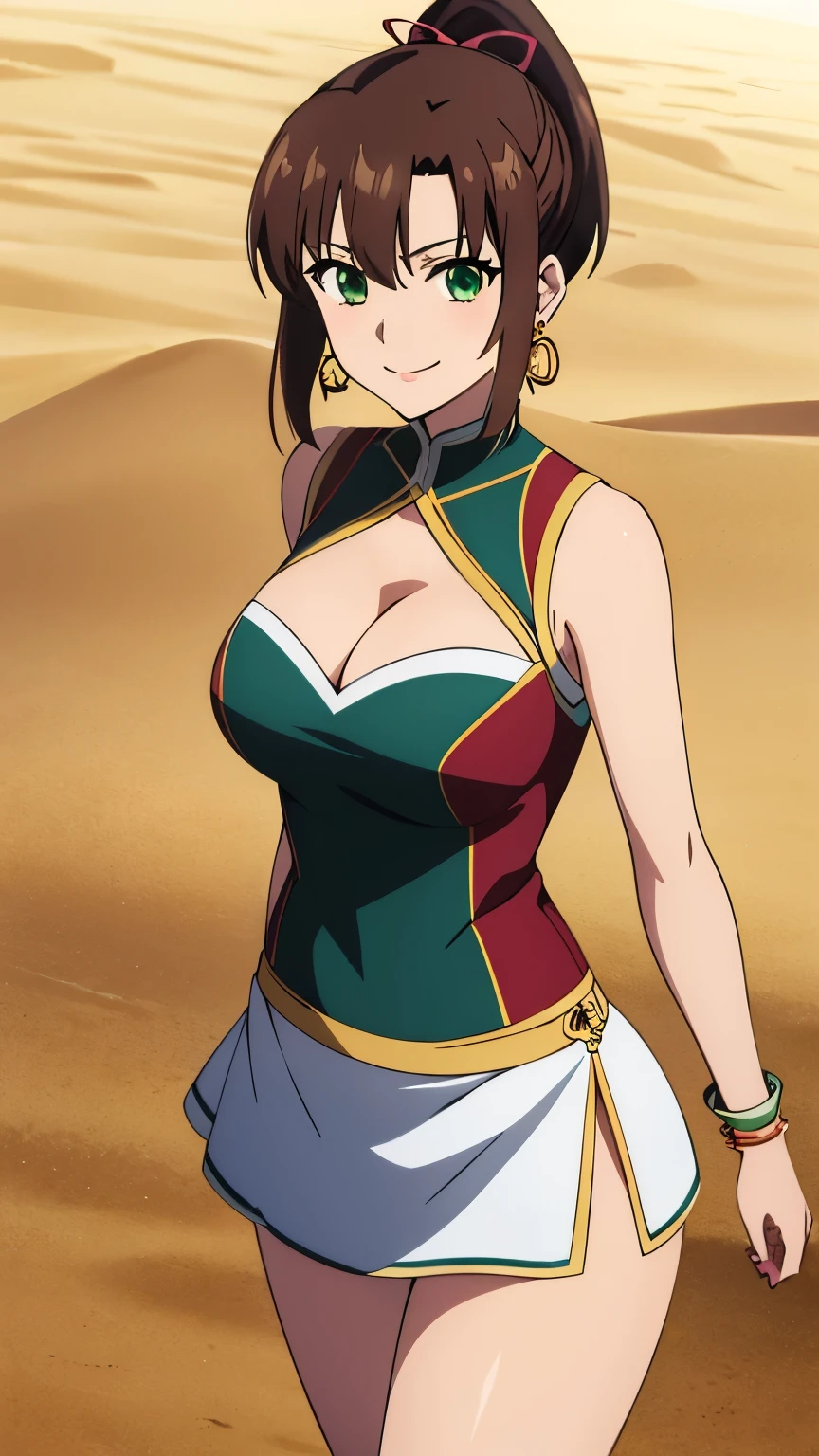 masterpiece, best quality, 8k, anime art style, Kirasaka Sayaka, Dark brown hair, ponytail, hair ribbon, (arabian clothes, revealing, cleavage, accessories, sleeveless, showing thighs earrings, smiling, india, desert), dynamic angle, looking at the viewer, green eyes, light in the eyes, (big breasts: 0.7), cowboy shot