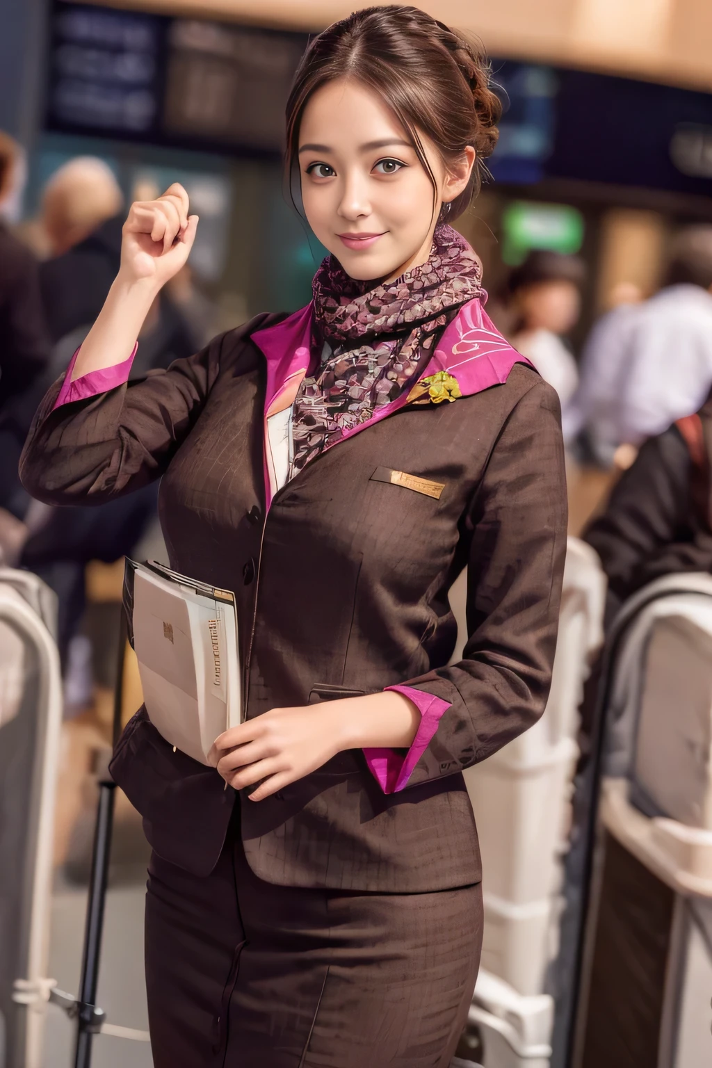 (masterpiece:1.2、highest quality:1.2)、32K HDR、High resolution、(alone、1 girl、Slim figure)、(A realistic reproduction of the ETIHAD Airways Cabincrew Uniform)、 (In the airport lounge, Professional Lighting)、A proper woman, Beautiful Face,、(Long sleeve ETIHAD Airways Cabincrew Uniform)、(scarf on chest)、Big Breasts、(Long Hair Up、Hair Bun)、Dark brown hair、Long Shot、((Great hands:2.0))、((Harmonious body proportions:1.5))、((Normal limbs:2.0))、((Normal finger:2.0))、((Delicate eyes:2.0))、((Normal eyes:2.0)))、Beautiful standing posture、smile